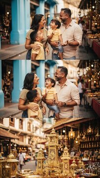 Happy Family Enjoying a Sunny Day at a Traditional Artisan Market.