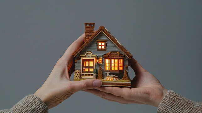 Cozy Glowing Miniature House in Hands on Neutral Background &ndash; Home Care, Real Estate Concept, Warm Light Cottage Model
