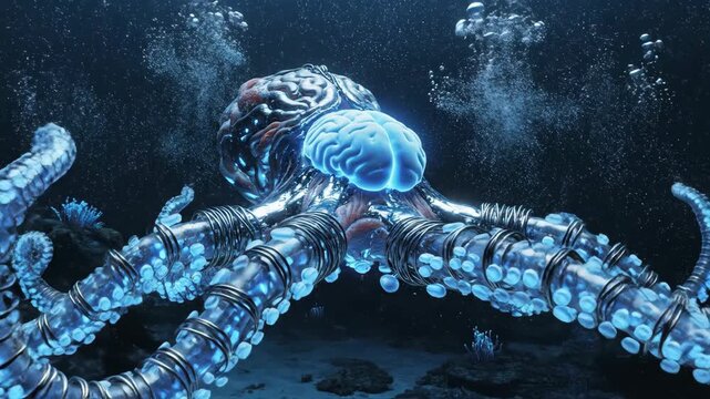 A detailed 3D render of a mechanical octopus with a glowing blue brain and cybernetic tentacles in a dark underwater environment with floating particles.