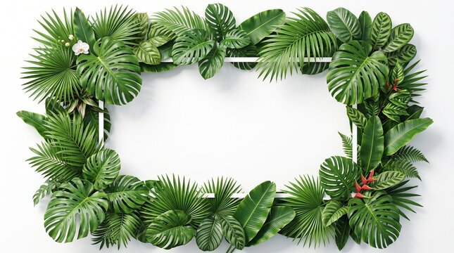 A rectangular frame decorated with fresh green tropical palm leaves and exotic foliage on a clean white background copy space