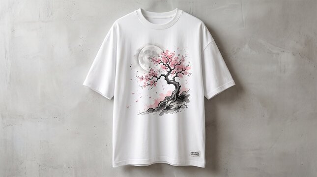 white tshirt with a japanese style cherry blossom and full moon print hanging on a grey concrete wall