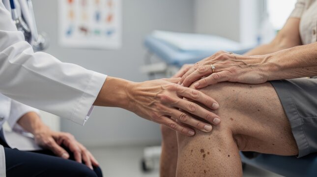 Compassionate Health Professional Examines Patient's Knee Joint in a Medical Consultation Room with Soft Ambient Lighting