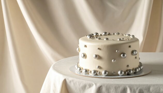 Elegant White Cake Decorated with Silver Pearls and Sprinkles on a Tablecloth with Drape Background