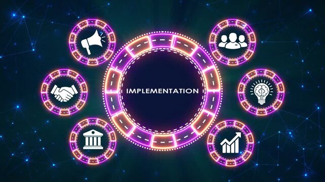 Dynamic infographic circle animation shows implementation business growth and team work.