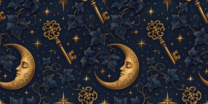 Mystical celestial seamless pattern with sleeping crescent moon faces, ornate golden keys, and vintage ivy leaves on dark blue background.