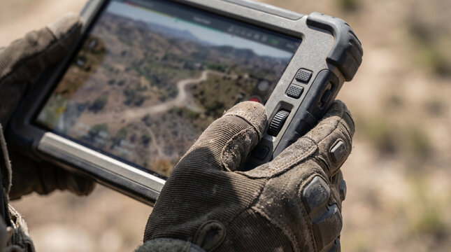 A military operator navigating a mapping interface on a ruggedized portable computer during outdoor tactical operations with copy space.