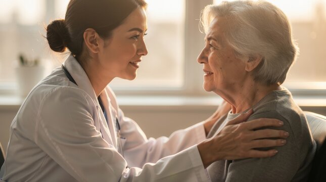 Compassionate healthcare professional engaging with elderly patient in a warm and caring environment during a consultation or check-up