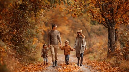 Fototapeta premium Happy family of four walking through a beautiful autumn forest path.