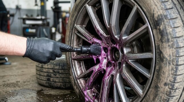 Automotive Wheel Detailing Service Using Specialized Chemical Cleaning Solution and Brush to Restore Alloy Rims