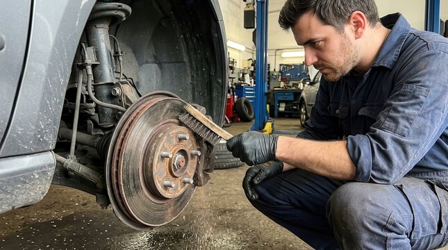 Automotive Technician Meticulously Cleaning Corroded Brake Rotors with a Wire Brush in a Modern Vehicle Repair Workshop