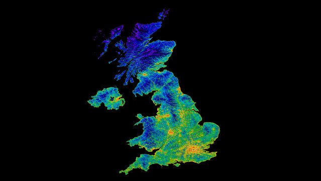 United Kingdom Heat Map on Black Background &mdash; colorful topographic silhouette showing urban density, terrain and glowing transport networks across Great Britain.