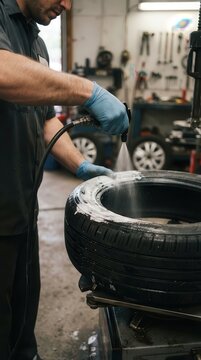 Automotive Technician Applying Lubricant to Tire Bead for Seamless Mounting in an Industrial Garage Setting