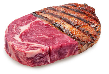 Obraz premium Conceptual image - half of raw ribeye beef steak with half of grilled beefsteak as one whole piece isolated on white background. Clipping path.