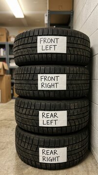 Organized Stack of Labeled Winter Vehicle Tires for Seasonal Rotation and Efficient Garage Storage Management