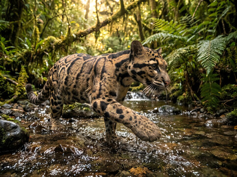 Dynamic shot of clouded leopard walking through shallow stream in tropical rainforest, water splashing, dappled sunlight, cinematic motion blur