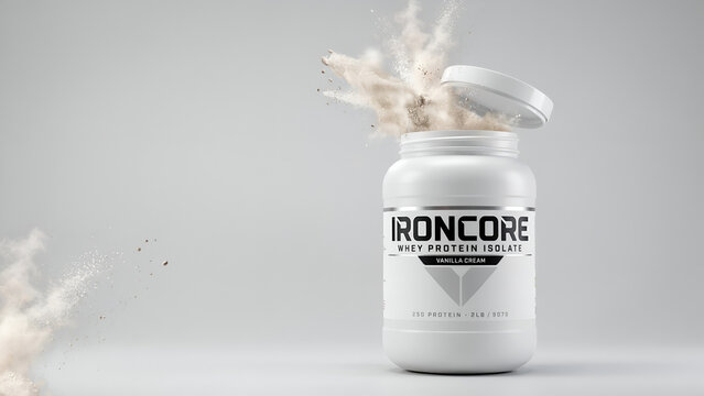 White protein powder plastic jar container exploding with powder particles supplement nutrition bodybuilding container athletic isolated lifestyle packaging explosive performance wellness
