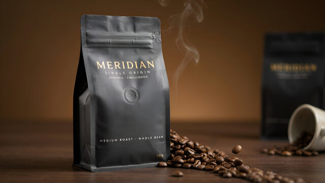 Black coffee bean bag with roasted coffee beans and steaming aroma packaging caffeine beverage espresso background steaming commodity business inventory merchandise marketing advertising