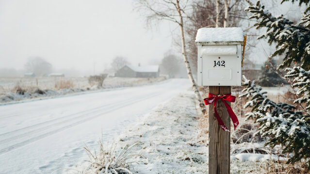 White mailbox with the number 142 and a red ribbon on a post in a snowy winter landscape with trees and a road, cold seasonal atmosphere