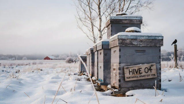 Wooden beehives labeled hive 04 covered in snow in a frozen field with a crow on a fence post and a red barn in the misty winter background