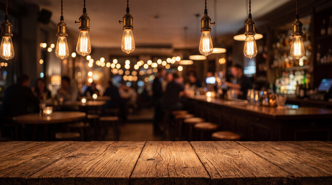 People gather at a bar with warm lights in the evening