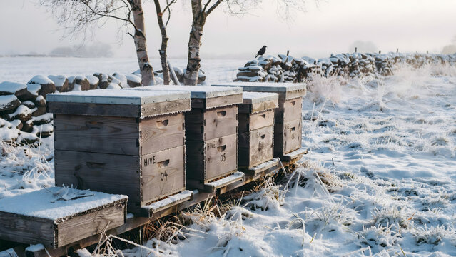 Wooden beehives in a row covered in snow in a frozen field with a stone wall and a crow perched on a fence post during a winter morning