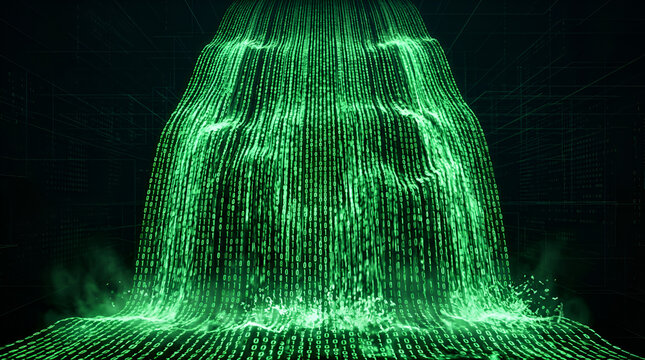 Green binary code waterfall flowing on dark digital grid background