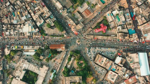 Aerial Top Down View of Fawara Chowk Roundabout Rawalpindi Pakistan with Traffic and Market