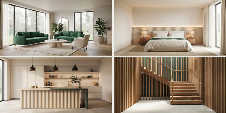 Interior collage showing living room with green sofas, bedroom, kitchen island, and staircase