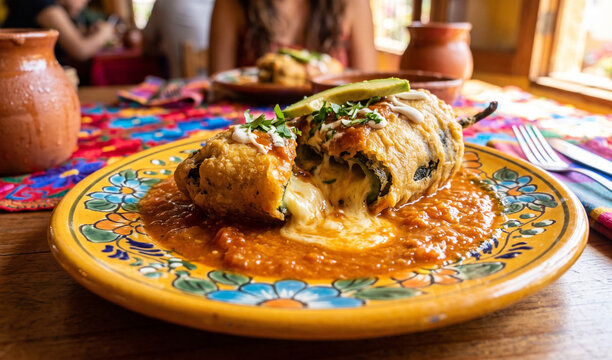 A rich fried Chile Relleno pepper served on a rustic yellow Talavera ceramic plate, Large poblano pepper dipped in fluffy egg batter, fried golden-brown, smothered in warm tomato caldillo sauce with o