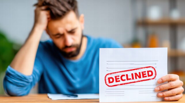 A stressed man is holding a document that was declined, showing disappointment and frustration