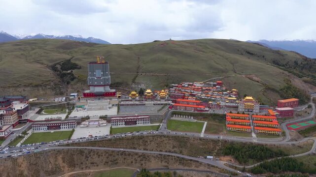 Aerial view of Changlie Monastery in Mankang, Aba, Sichuan Province