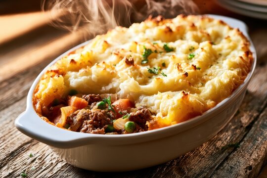 Top-down view of hachis parmentier: beef mince with vegetables under a golden mashed potato crust