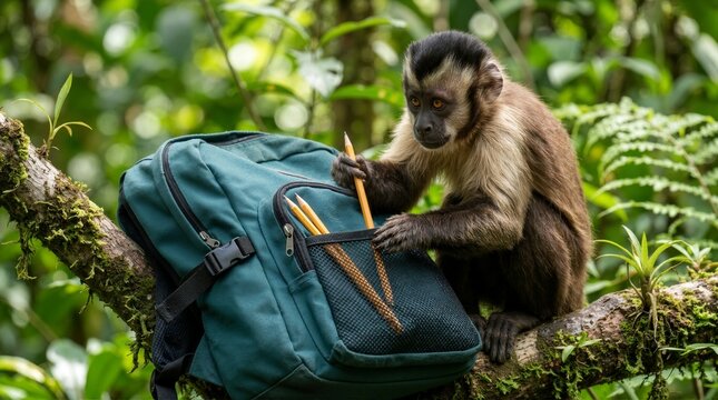 Capuchin monkey sitting on a tree branch interacting with a green student backpack. Wild animal holding pencils in a tropical jungle