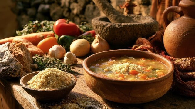 Traditional Canarian soup scene: vegetables, gofio flour, and home cooking