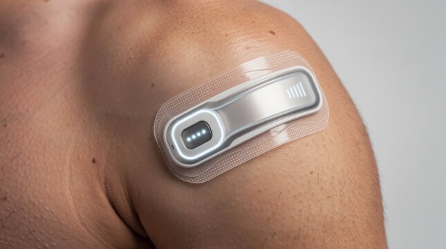 High-tech wearable device attached to human skin showcasing modern healthcare innovation for monitoring health and wellness in a clinical setting