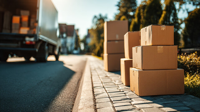 Moving Boxes Suburban Neighborhood Truck Relocation Residential Street Cardboard Packing Townhouse Sidewalk Autumn Sunny Day