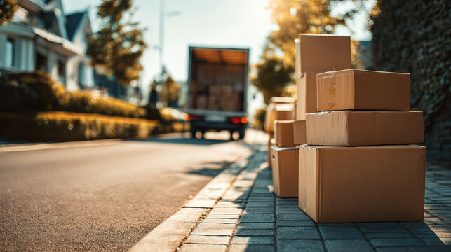 Moving Boxes Stacked Outdoor Relocation Truck Delivery Cardboard Packing Residential Sidewalk Household Move Sunny Day