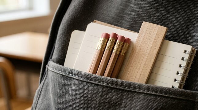 Close-up of a grey canvas student backpack with wooden pencils and a notebook in the front pocket. Back to school supplies in a classroom setting