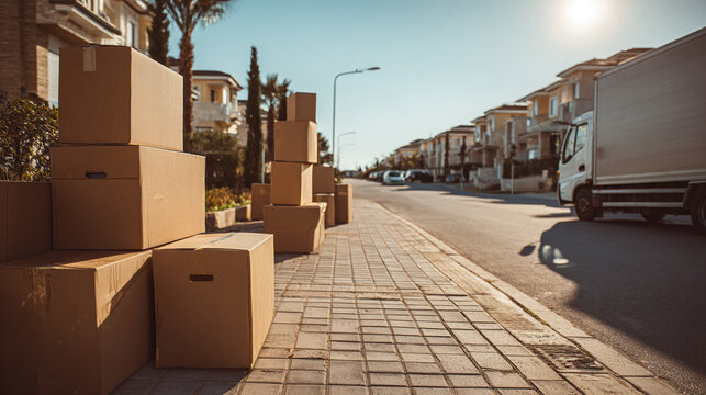 Moving Boxes Suburban Neighborhood Truck Relocation Residential Street Cardboard Packing Townhouse Sidewalk Autumn Sunny Day