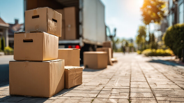 Moving Boxes Delivery Truck Cardboard Package Relocation Shipping Logistics Street Sunlight Home Transport