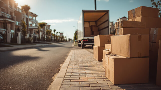 Moving Boxes Delivery Truck Cardboard Package Relocation Shipping Residential Street Sunlight Home Suburban