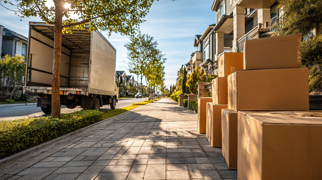 Moving Boxes Suburban Neighborhood Truck Relocation Residential Street Cardboard Packing Townhouse Sidewalk Autumn Sunny Day