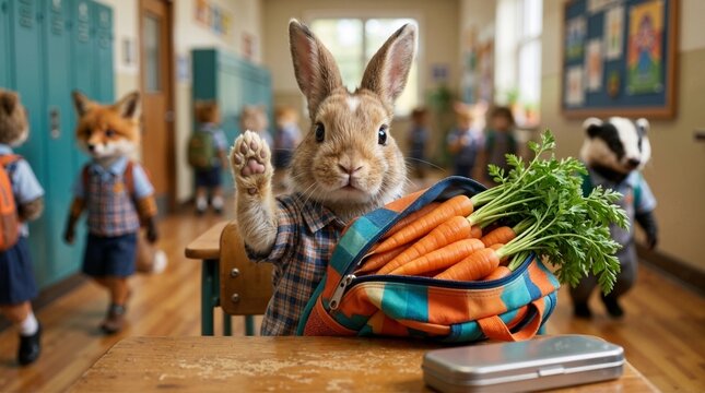 Cute rabbit student waving at desk with carrot filled backpack. Anthropomorphic animal characters in school hallway. Back to school concept