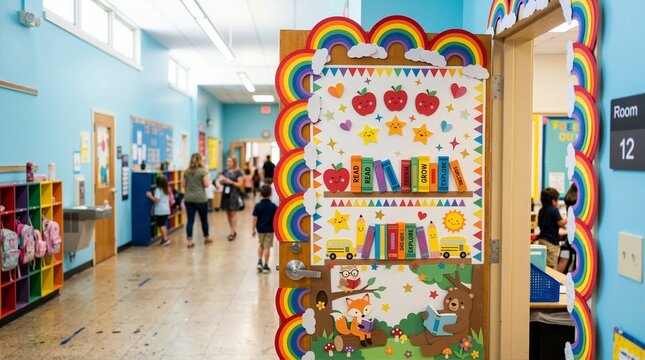 Colorful back to school classroom door decoration. Creative rainbow and book themed school hallway display