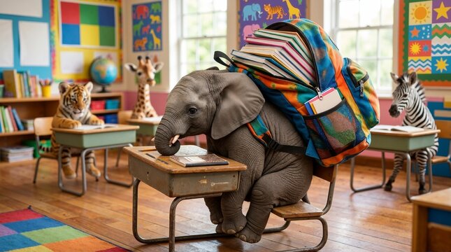 Baby elephant with a large colorful backpack at a school desk. Whimsical wild animals in a classroom. Back to school concept