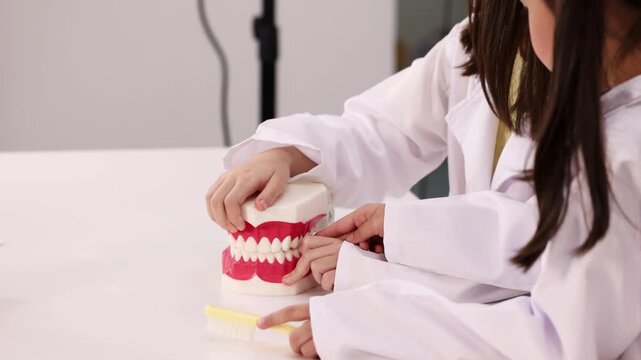 Asian Children in Lab Coats Learning Dentistry with Teeth Model