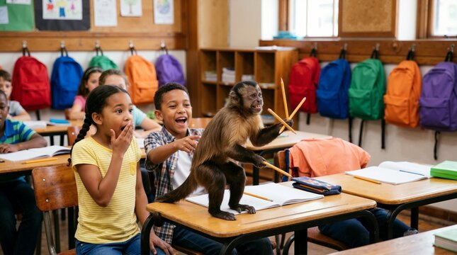 Capuchin monkey holding pencils on a school desk. Surprised and laughing children in a classroom. Funny back to school concept