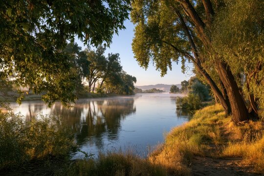 Tree-lined Tuolumne River in Modesto at golden hour