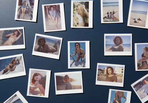 Mockup of Empty polaroid Frames scattered on a dark surface. Each frame is blank and ready for images.
