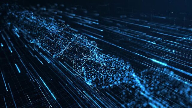 Abstract glowing particle wave forming a DNA helix against a dark futuristic digital background with subtle motion blur
